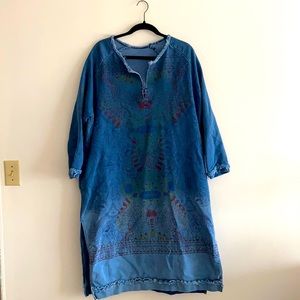 Vintage Raw Hem Denim Coverup | size L | faded denim blue / earthy boho print